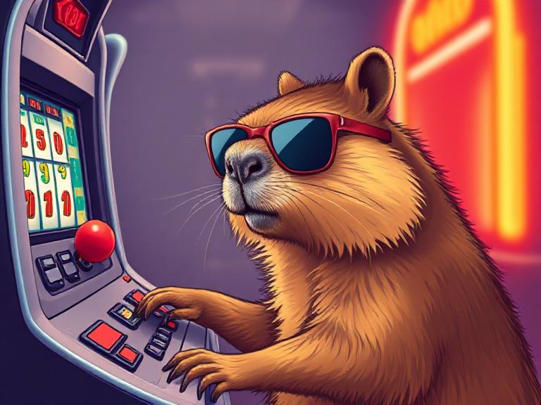 Play slots with the Spinbara and win bonuses Cool capybara wearing sunglasses playing a slot machine