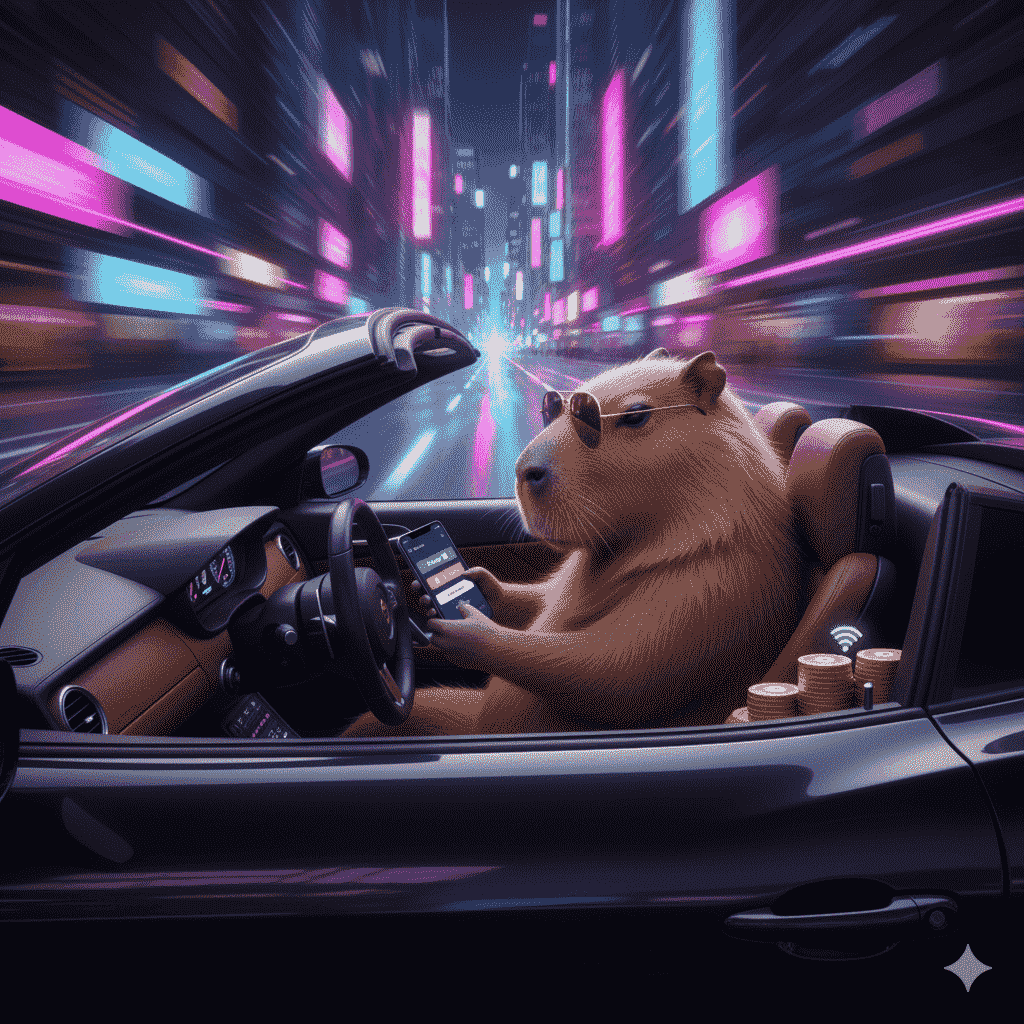 Spinbara Casino App and Login: seamless access to slots and live games on mobile Capybara in sunglasses logging into Spinbara Casino app on a smartphone while driving car